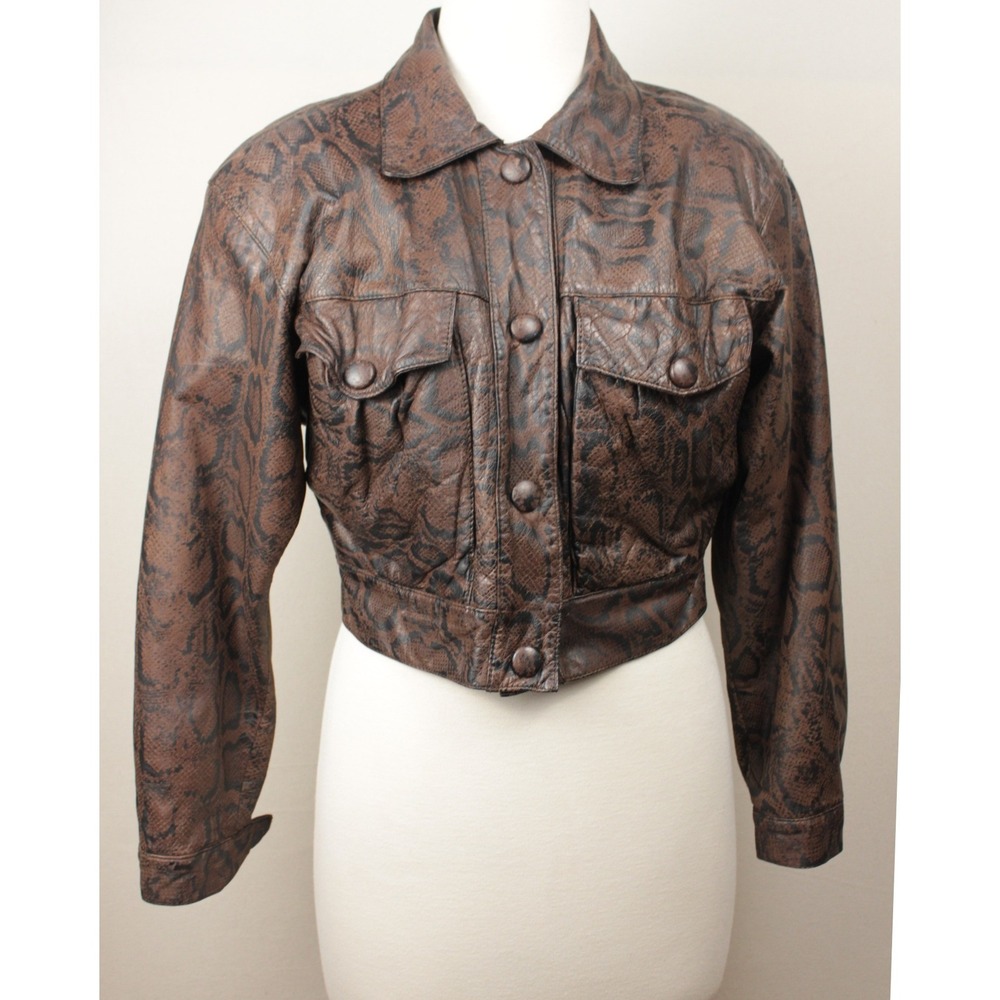 Vintage Bermans Snake Print Leather Cropped Jacket Brown Black 80s Moto S